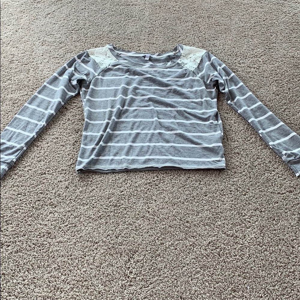 Grey and white striped shirt with white lace
